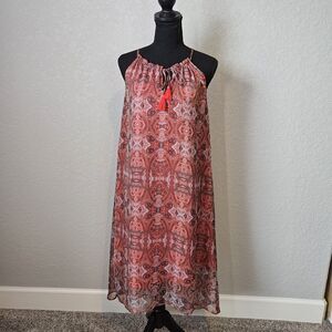 LUCKY BRAND Orange/Red Print Tassel Hi- Low Sundress Dress XS EUC